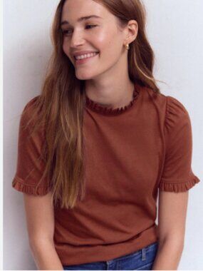 NEW Boden Supersoft Frill Detail T-Shirt Roasted Brown Cotton Short Sleeve Top